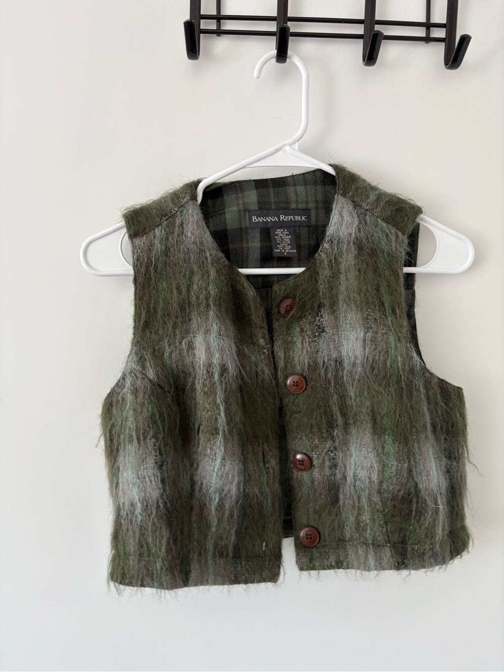 Banana Republic Olive Green Fuzzy Plaid Button Vest